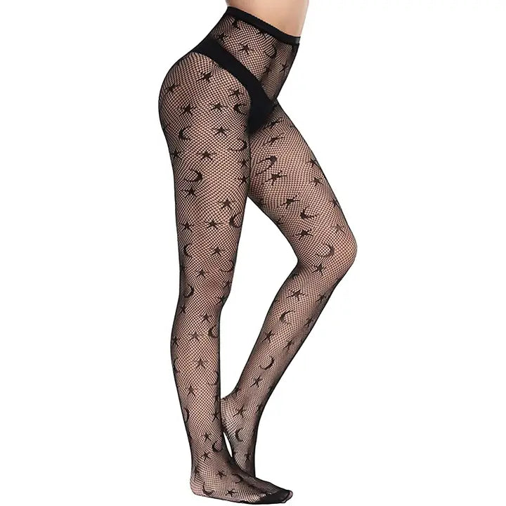 High Rise Moon & Star Lace Fishnet Sheer Tight