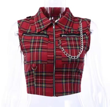 Women's Red Plaid Punk Zip Up Vest