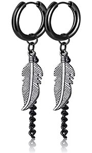 Wicked Punk Stainless Steel Feather Chain Hoop Earrings