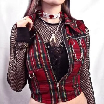 Women's Red Plaid Punk Zip Up Vest