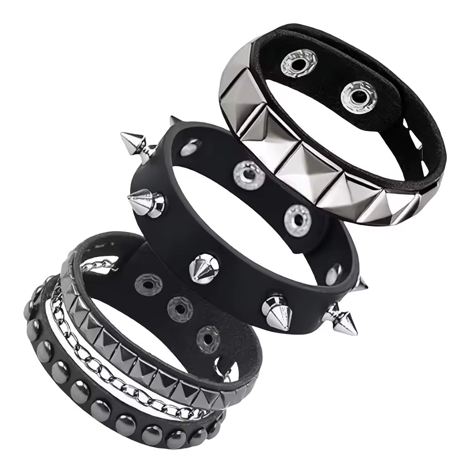 3 Piece Goth Punk Faux Leather Bracelet Set